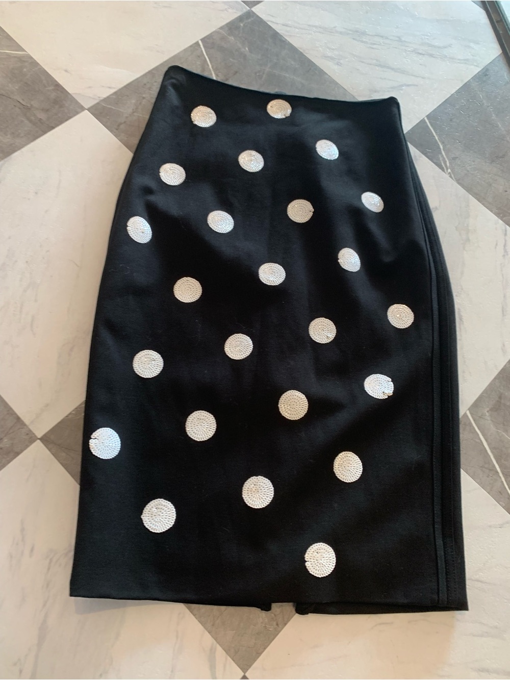 White House Black Market Black Pencil Skirt with White Sequin Polka Dots